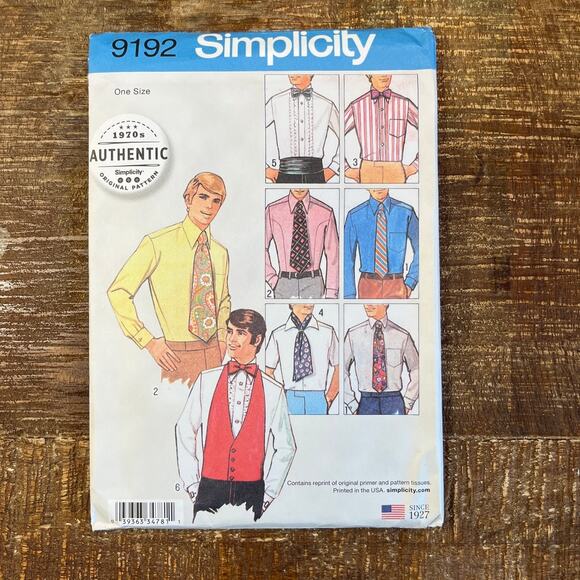 Simplicity Sewing Pattern 9192 Retro 1970s Mens Bow Tie Cummerbund Vest UNCUT - Picture 1 of 2